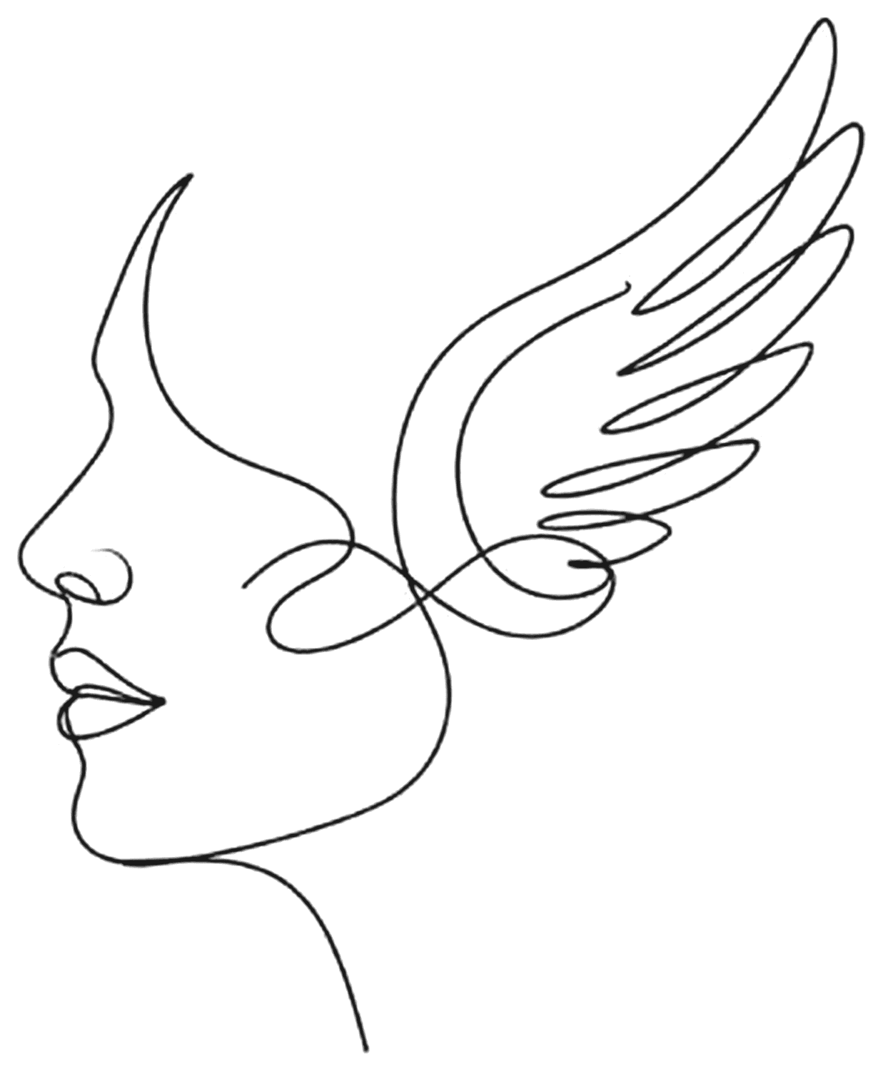 Single-line illustration of a face transforming into a wing